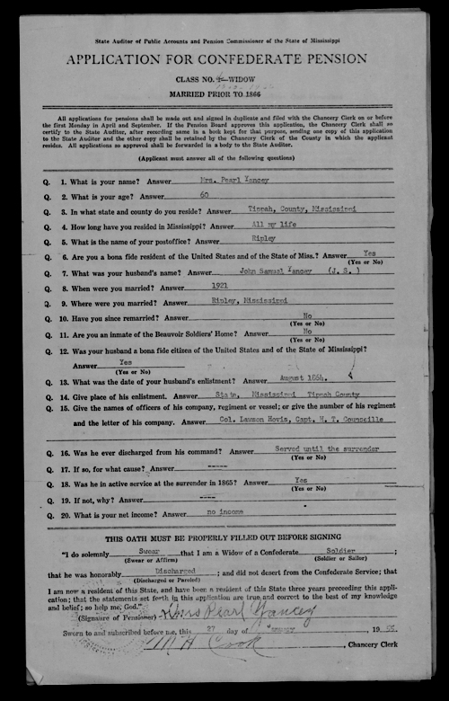 Pearl Yancy pension application